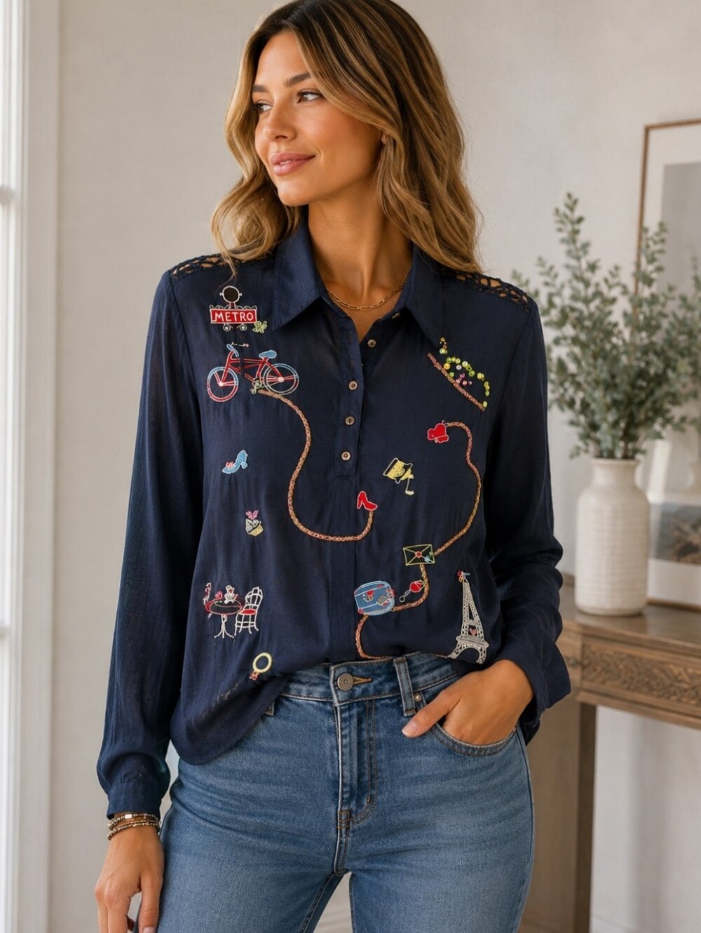 Desigual Paris Embroidered Blouse Women's Large Navy Blue Lace Art-To-Wear Boho
